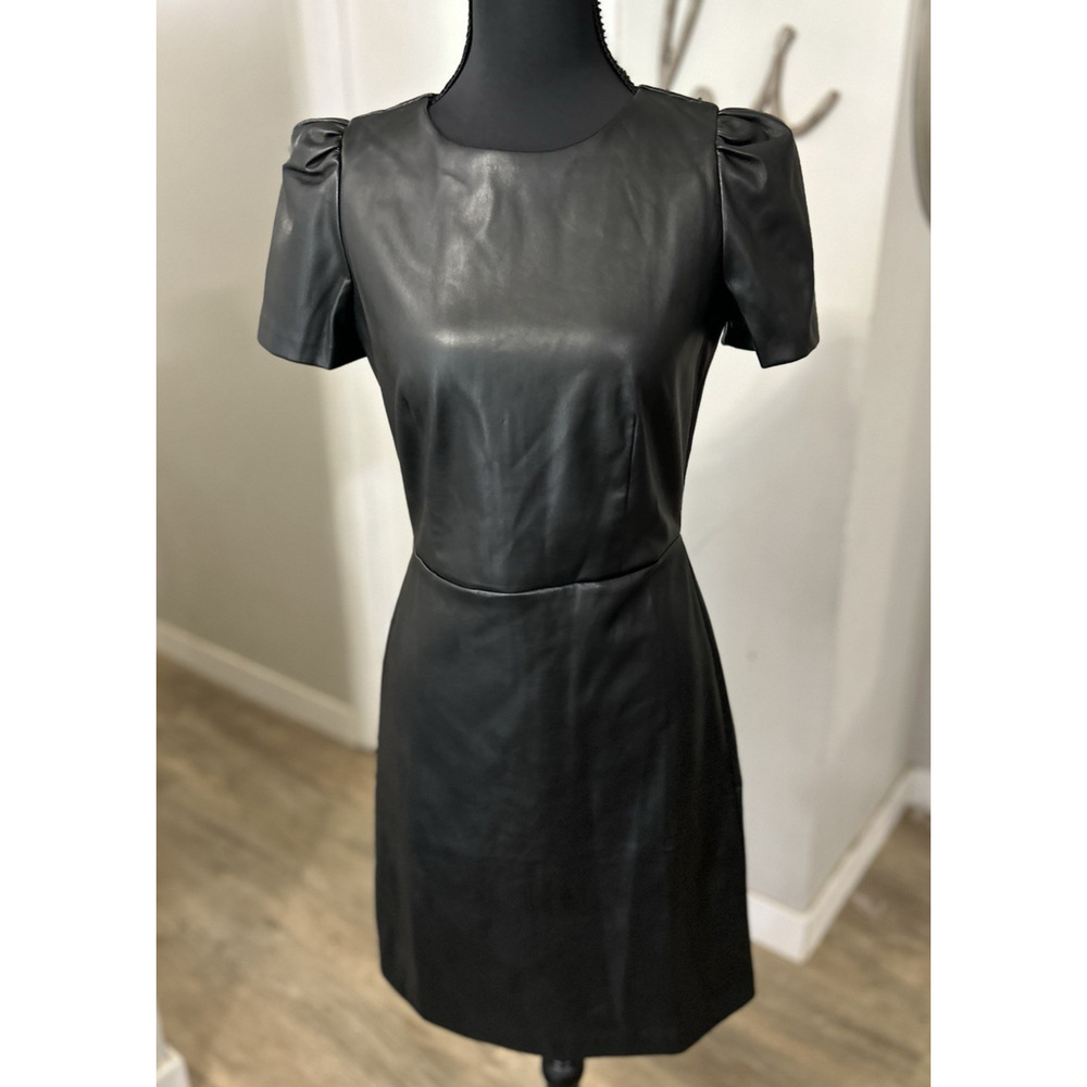 NWT Ann Taylor Womens Faux Leather Black Short Sleeve Dress Size‎ 0 (Orig. $149)